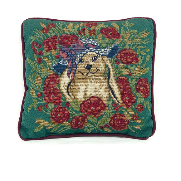 Portofino Tapestry Pillow Bunny Rabbit in Flowers 12 x 11 Inches - Picture 2 of 7